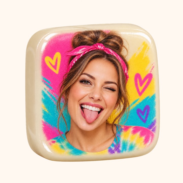 Ivory candy tile printed with a colorful image of a smiling woman making a playful face