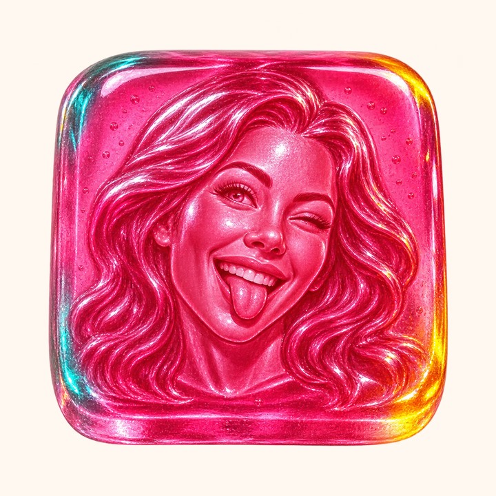 Translucent pink candy tile embossed with a smiling woman making a playful face
