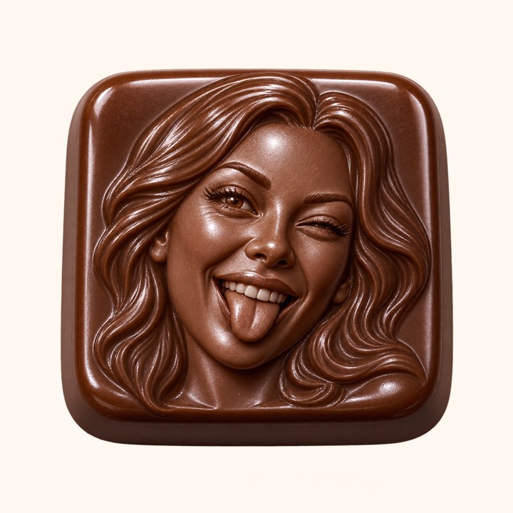 Glossy chocolate tile molded with a smiling woman making a playful face